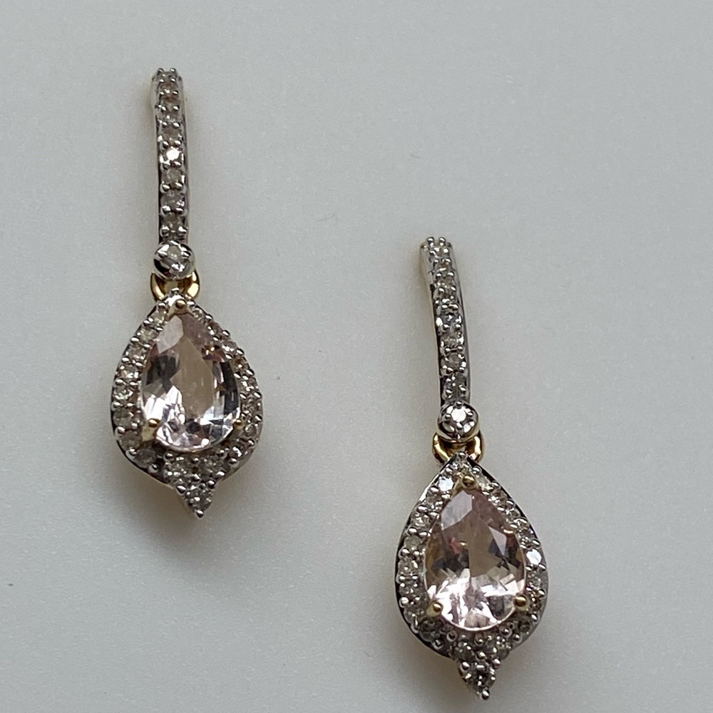 10K Yellow Gold Pear Shape Morganite and 0.25ct twt Diamond Drop Earrings NEW